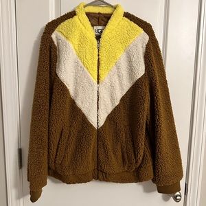 UGG Women’s Zip Up Teddy Jacket with Pockets Camel, White and Yellow Size Large
